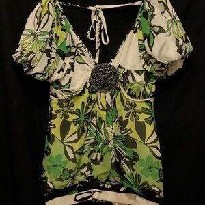 Bebe designer green/black floral top, size XS